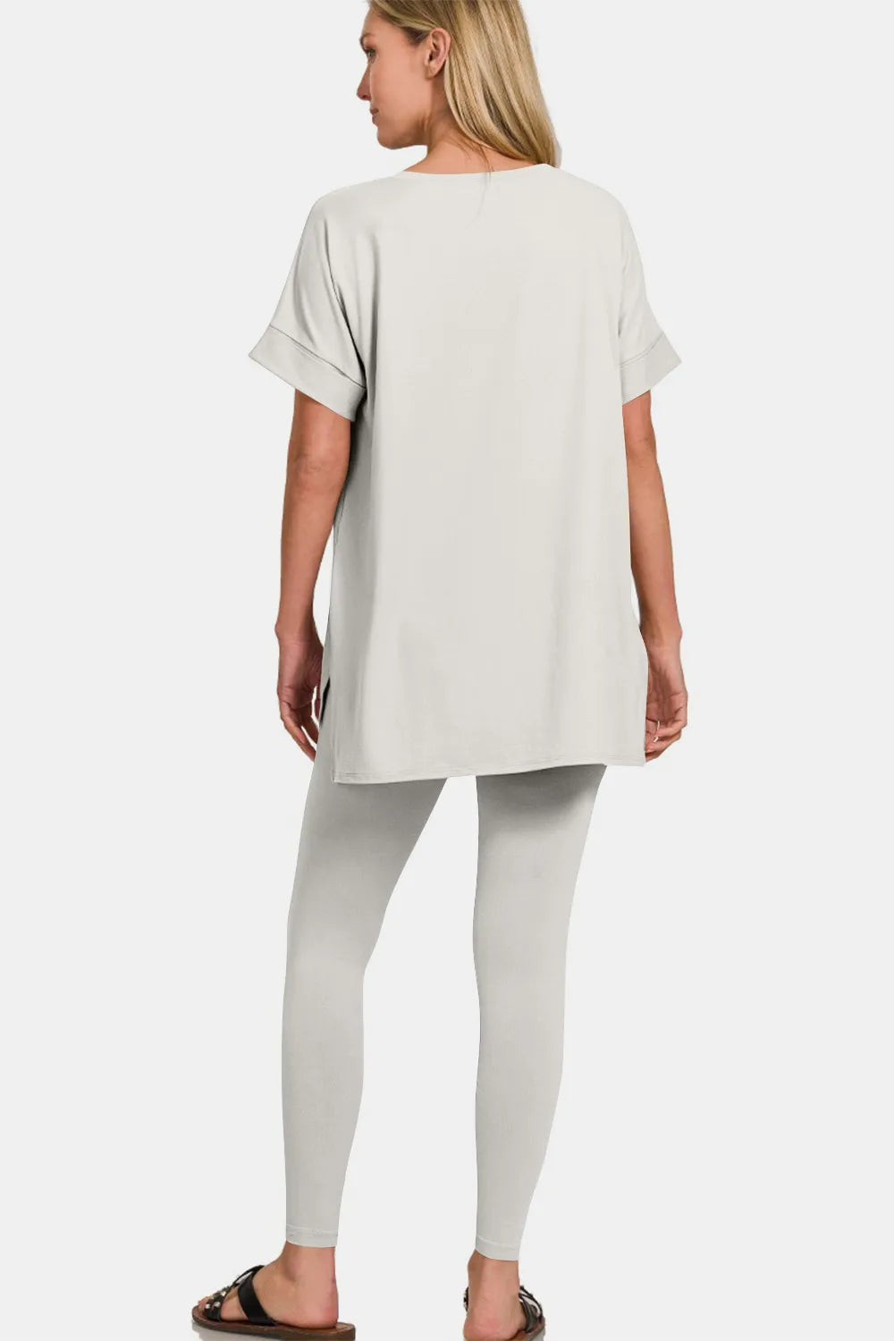 Zenana V-Neck Rolled Short Sleeve T-Shirt and Leggings Lounge Set - Ladyez