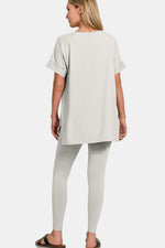 Zenana V-Neck Rolled Short Sleeve T-Shirt and Leggings Lounge Set - Ladyez