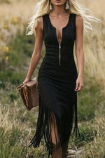 Fringe Zip Front Sleeveless Dress