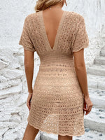 Openwork Plunge Short Sleeve Cover-Up Dress - Ladyez