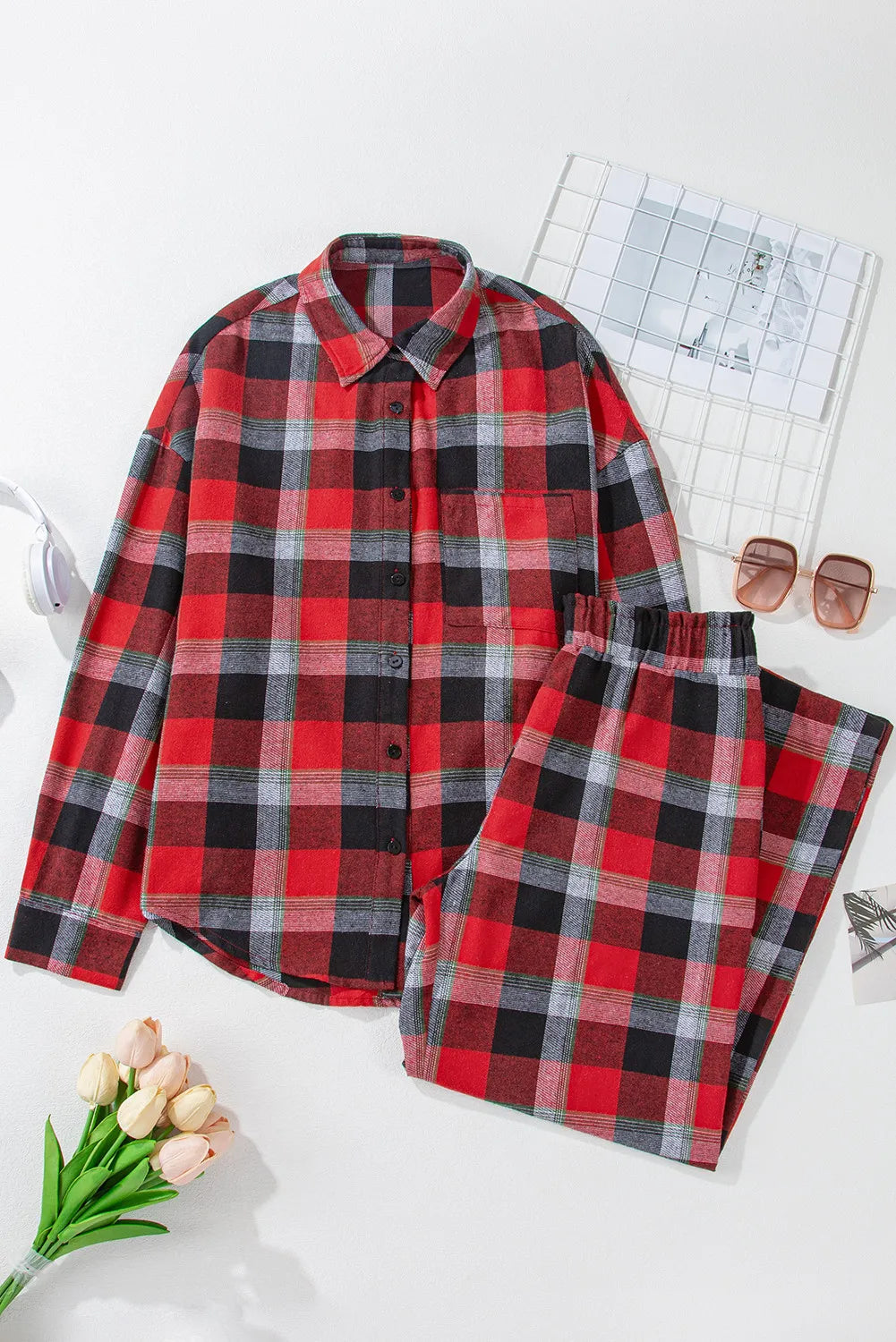 Plaid Long Sleeve Top and Pants Lounge Set - Ladyez