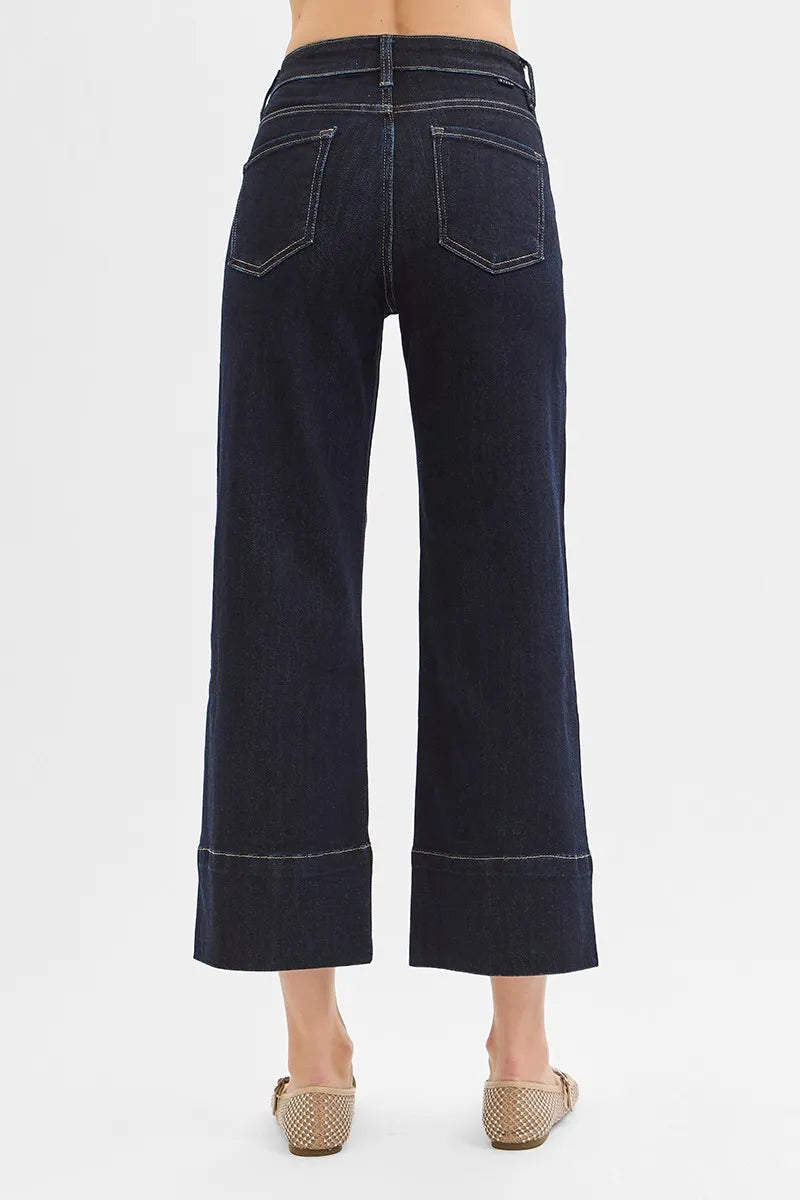 RISEN Tummy Control High Rise Crop Wide Seam Detailed Jeans - Ladyez