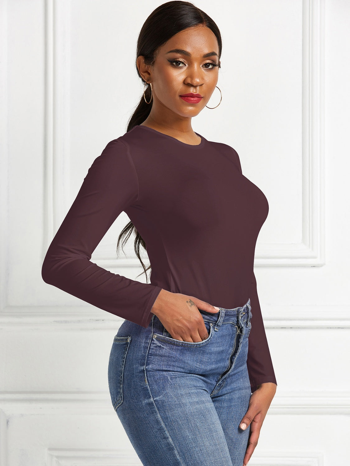 Round Neck Long Sleeve Bodysuit - Ladyez