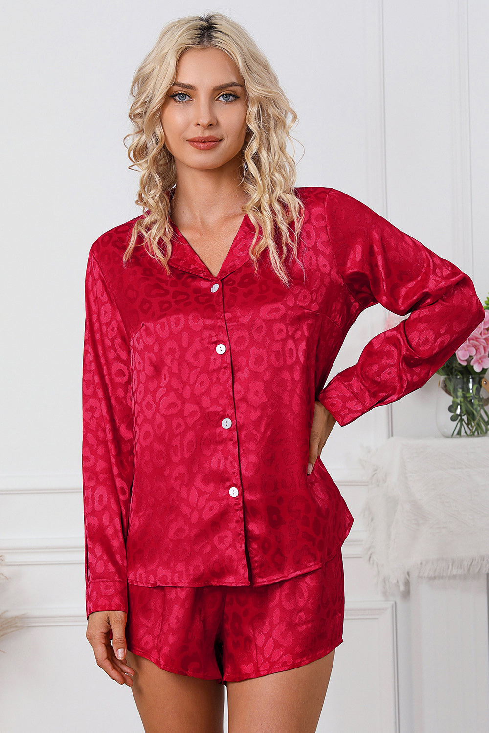 Long Sleeve Shirt and Shorts Lounge Set - Ladyez