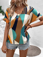 Printed V-Neck Short Sleeve Blouse