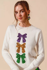 SO ME Mardi Gras Sequins Bow Ribbon Embellished Sweater