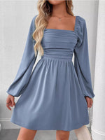Ruched Square Neck Long Sleeve A-Line Dress