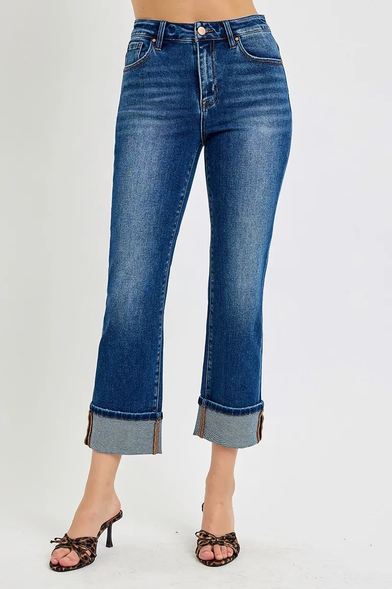 RISEN Full Size High Rise Ankle Straight Cuffed Jeans Plus Size - Ladyez