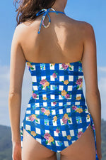 Floral Gingham Halter Neck Drawstring One Piece Swimwear - Ladyez