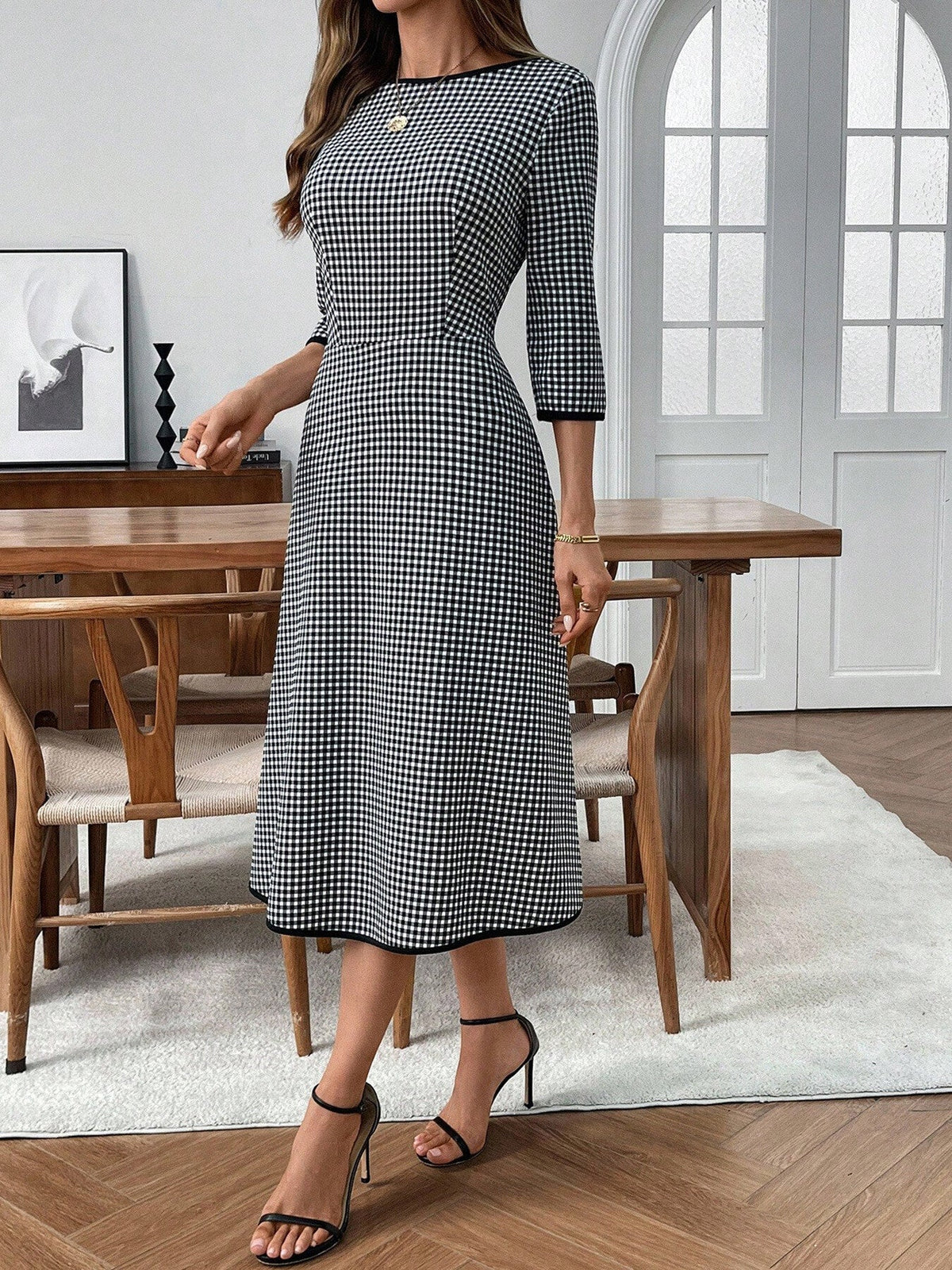 Plaid Round Neck 3/4 Sleeve Dress