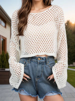 Openwork Round Neck Long Sleeve Cover Up - Ladyez