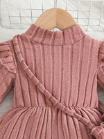 Children's Ribbed Knit Ruffle Trim Dress with Bag