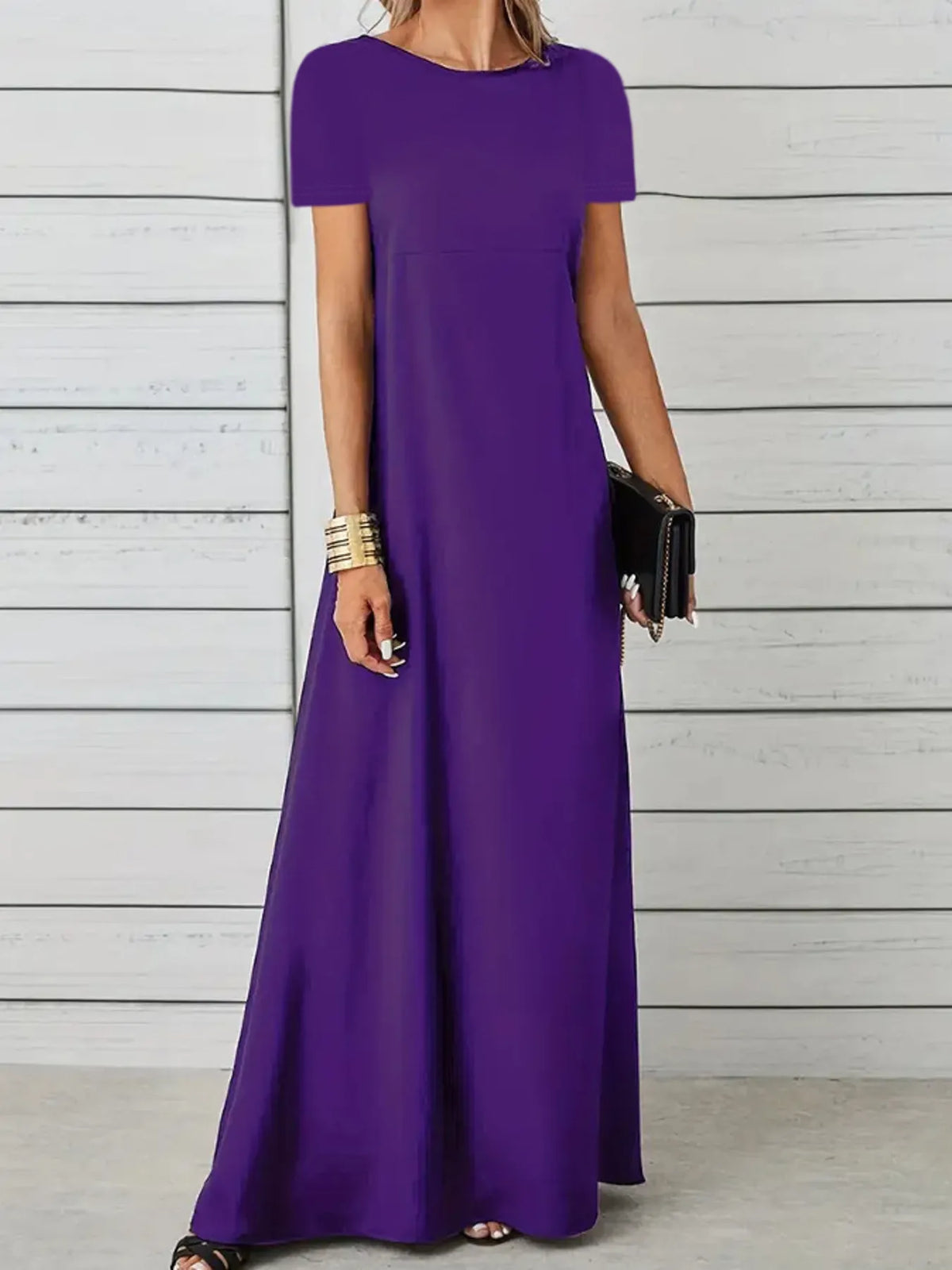 Full Size Round Neck Short Sleeve A-Line Maxi Dress Plus Size - Ladyez