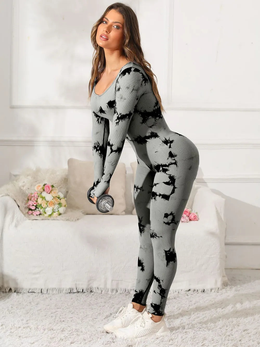 Scoop Neck Long Sleeve Active Jumpsuit - Ladyez