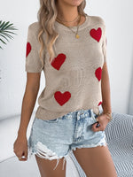 Heart Round Neck Short Sleeve Knit Top