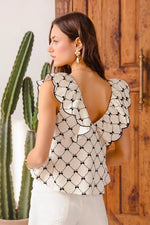 SO ME Bow Texture Jacquard Woven Top with Scallop and Tie