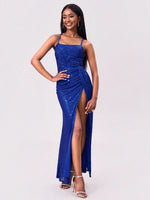 Slit Sequin Square Neck Spaghetti Strap Dress - Ladyez