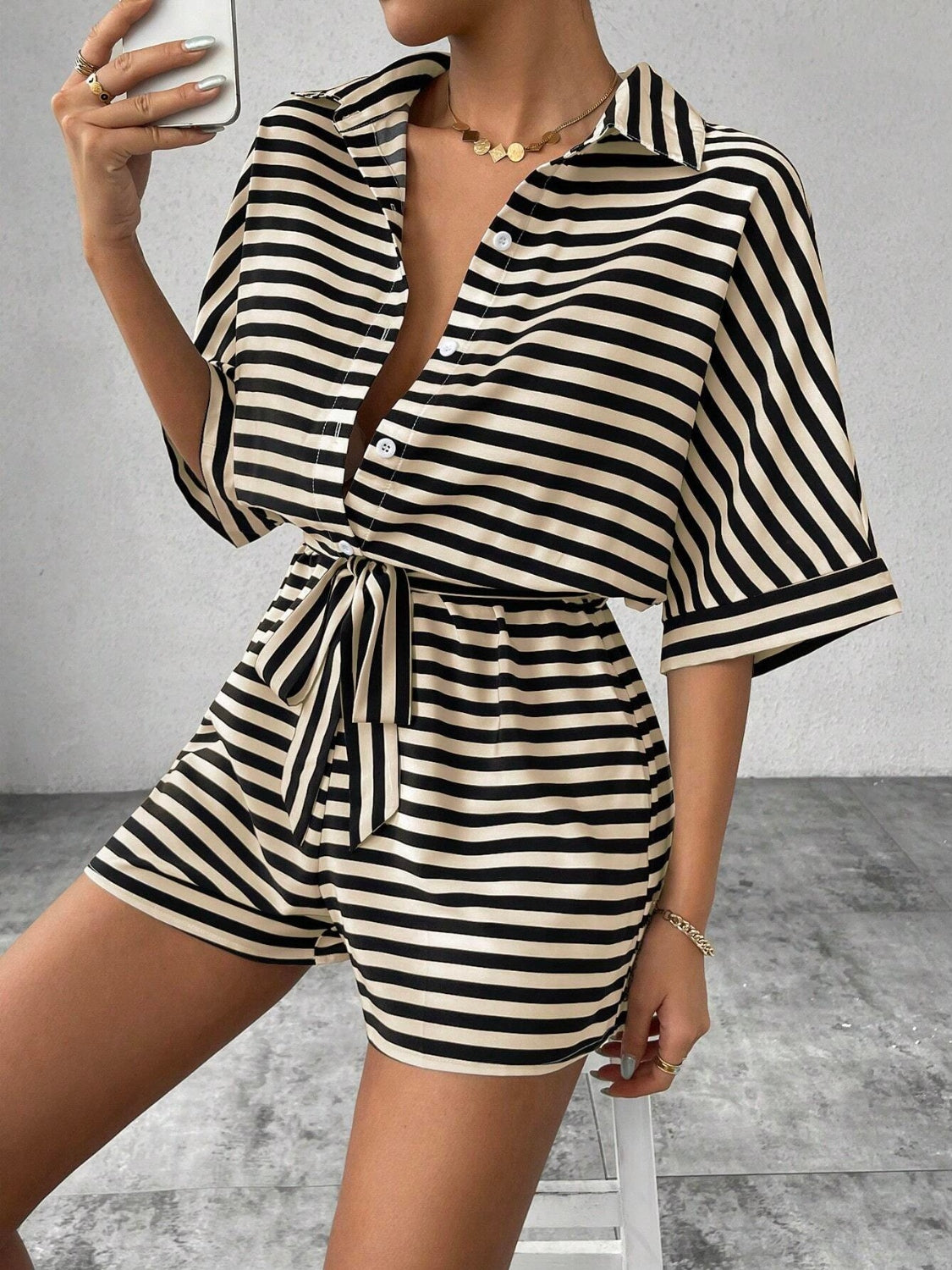 Tie Waist Half Button Striped Romper - Ladyez