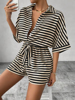 Tie Waist Half Button Striped Romper - Ladyez