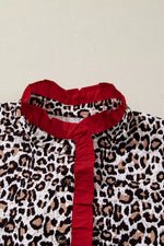 Contrast Frilled V Neck Trimmed Leopard Shirt