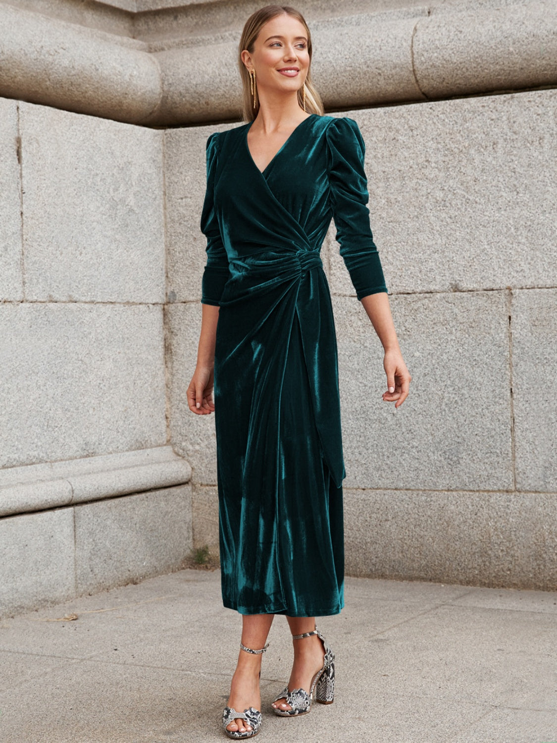 Surplice Puff Sleeve Midi Dress - Ladyez
