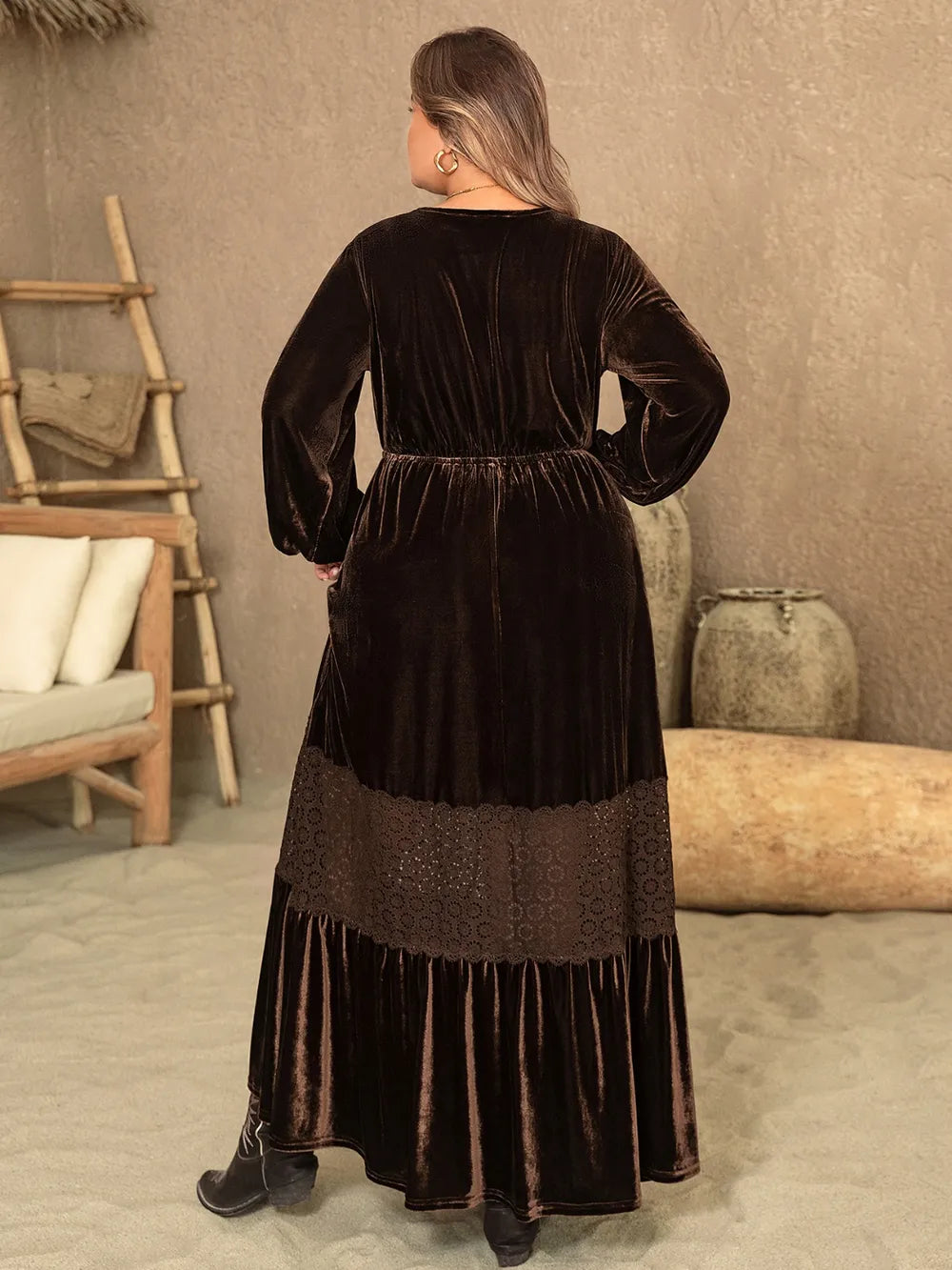 Plus Size V-Neck Balloon Sleeve Maxi Dress - Ladyez