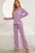 Contrast Piping Button Down Top and Pants Loungewear Set - Ladyez