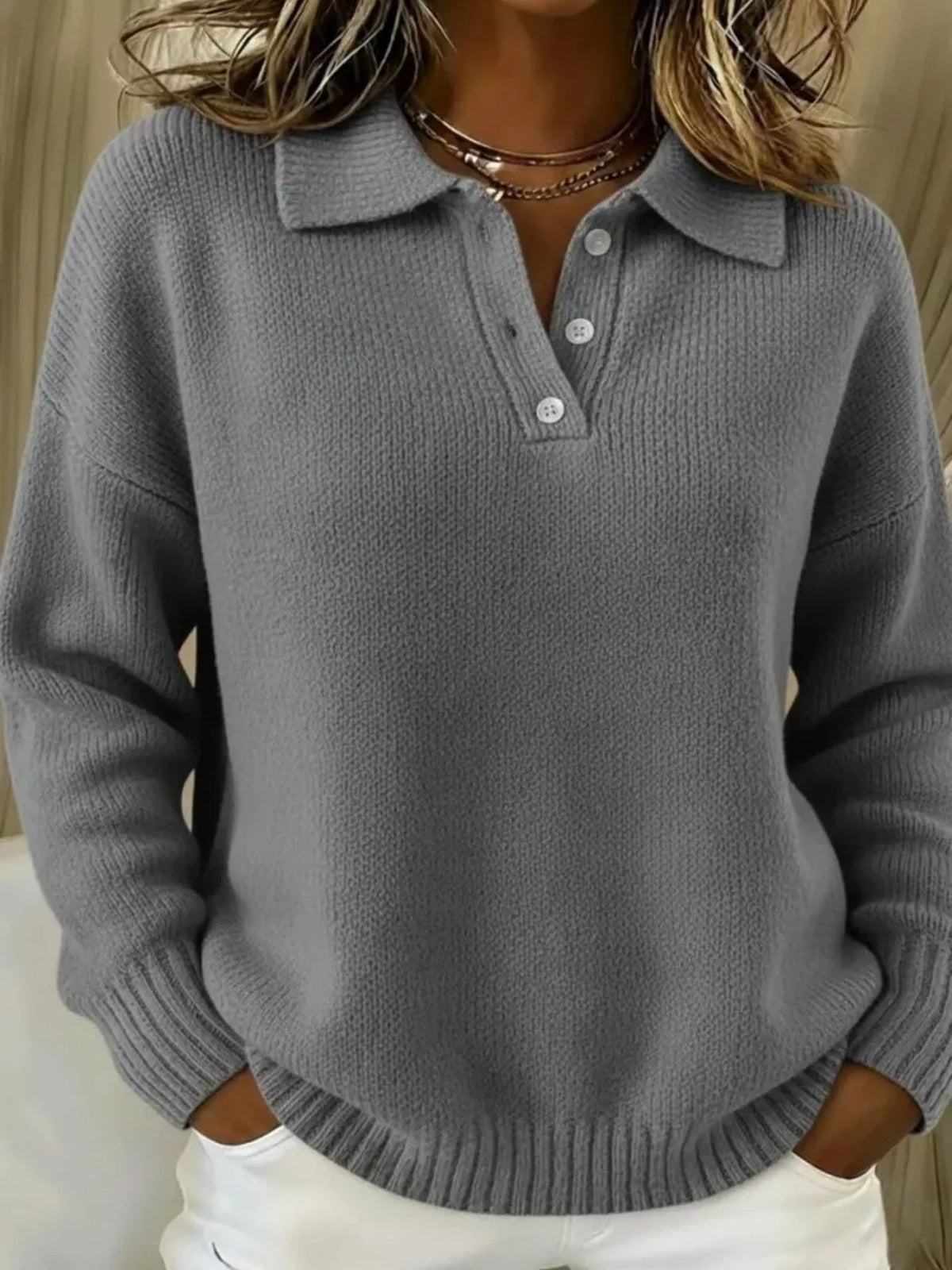 Full Size Button Detail Drop Shoulder Sweater Plus Size