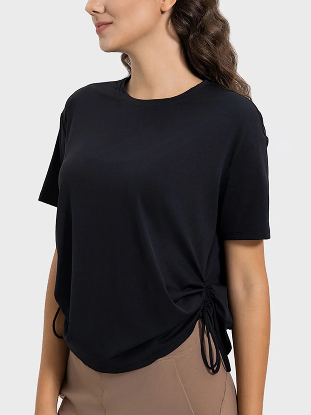 Millennia Drawstring Round Neck Short Sleeve Active T-Shirt - Ladyez