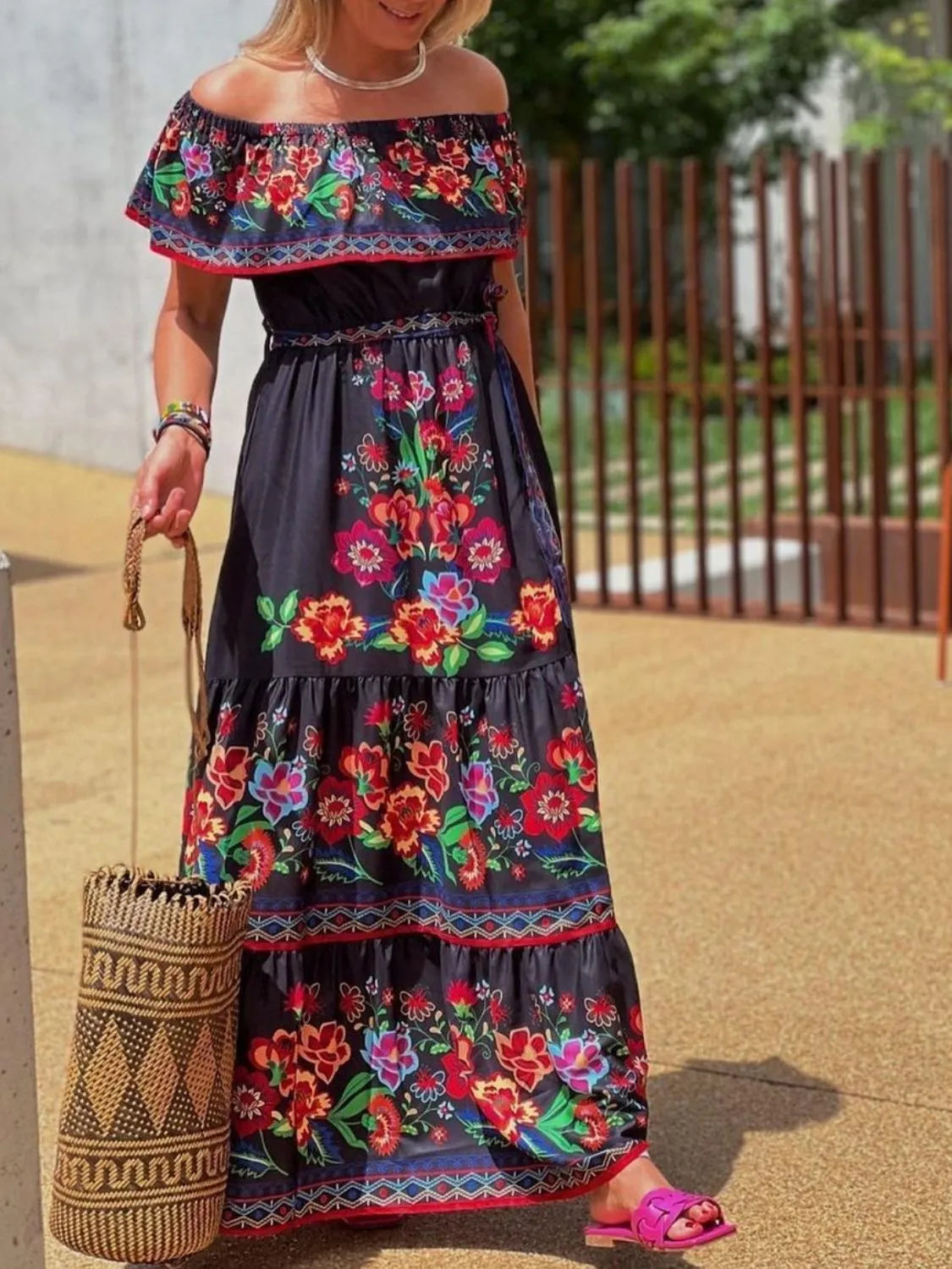 Floral Off Shoulder Ruffle Maxi Dress - Ladyez
