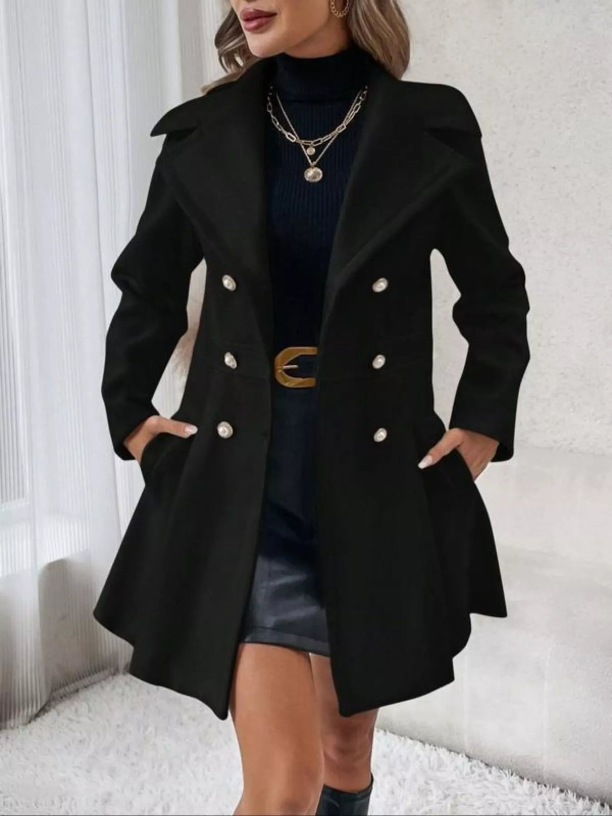Double-Breasted Wool Blend Coat