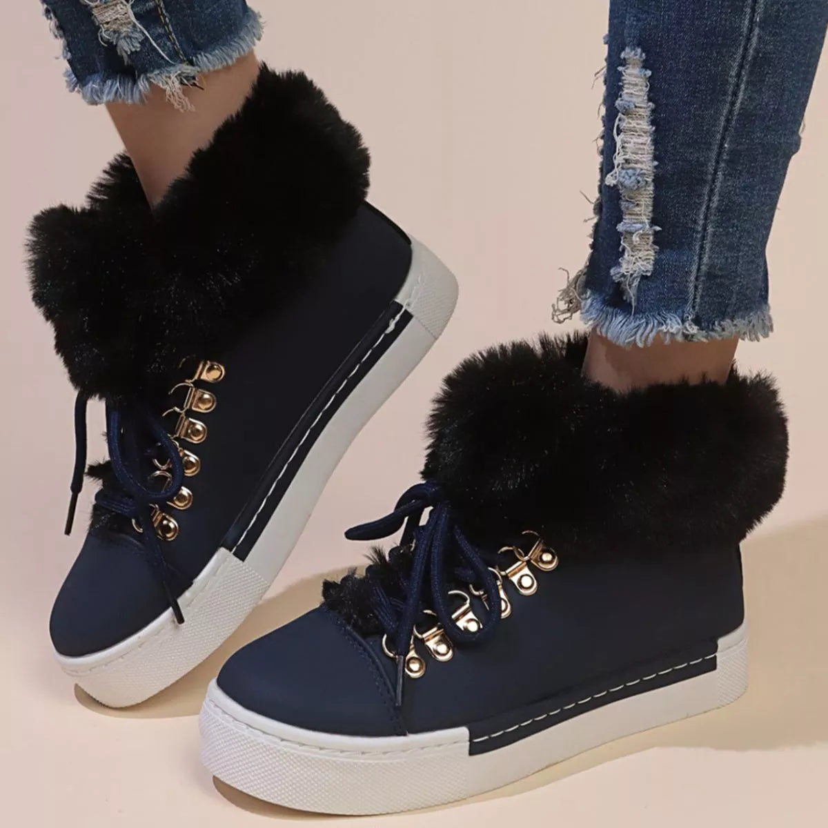 Fuzzy Trim Lace-Up Ankle Boots