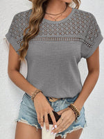 Waffle-Knit Round Neck Short Sleeve Top - Ladyez