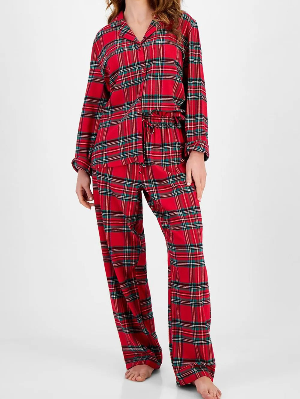 Plaid Collared Neck Button Up Top and Pants Lounge Set - Ladyez