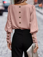 Back Button Lantern Sleeve Blouse