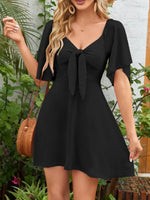 Smocked Back Knotted Flutter Sleeve Dress - Ladyez