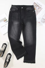 High-Waisted Distressed Hem Straight Leg Jeans