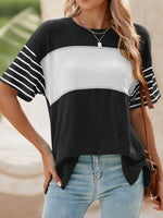 Color Block Striped Sleeve Casual T-Shirt - Ladyez