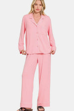 Zenana Button Down Long Sleeve Top and Pants Lounge Set - Ladyez
