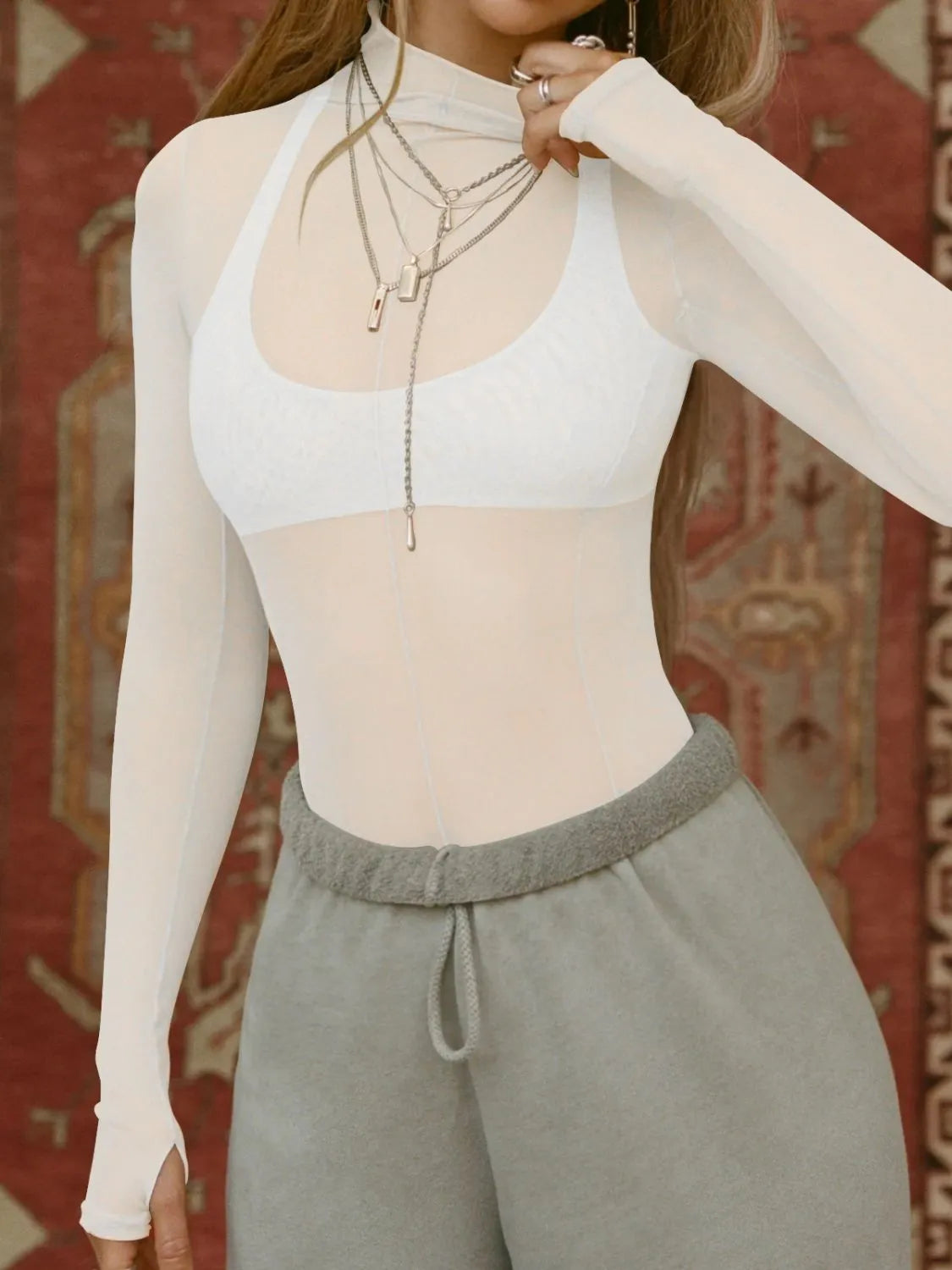 Mock Neck Long Sleeve Sheer Top - Ladyez