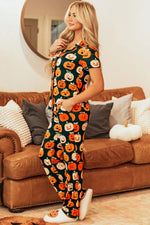 Pumpkin Printed Short Sleeve Top and Pants Lounge Set - Ladyez