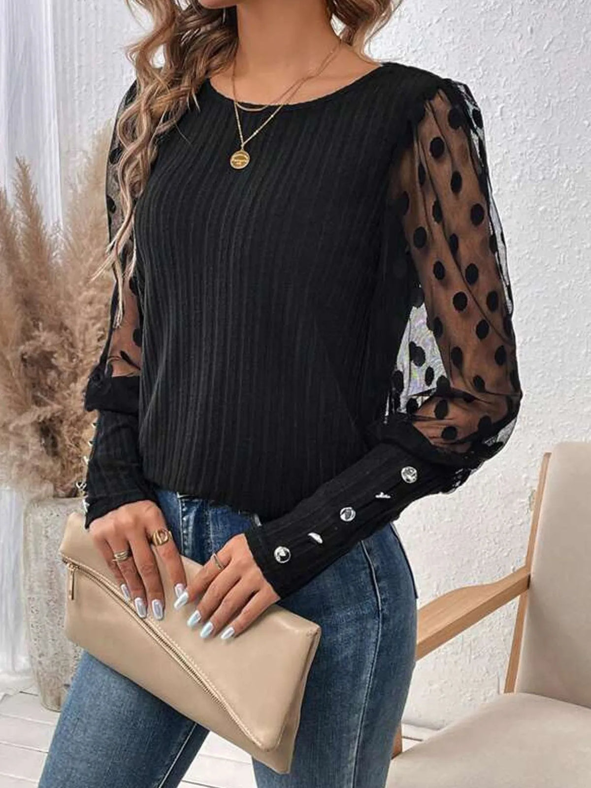 Polka Dot Sheer Sleeve Blouse - Ladyez