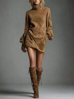 Turtleneck Lantern Sleeve Mini Dress with Pockets