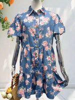 Floral Print Denim Button-Down Tiered Mini Dress