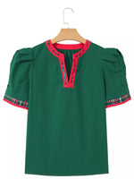 Plaid Trim V Neck Short Sleeve Shift Blouse