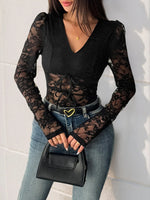 Lace Long Sleeve V-Neck Bodysuit - Ladyez