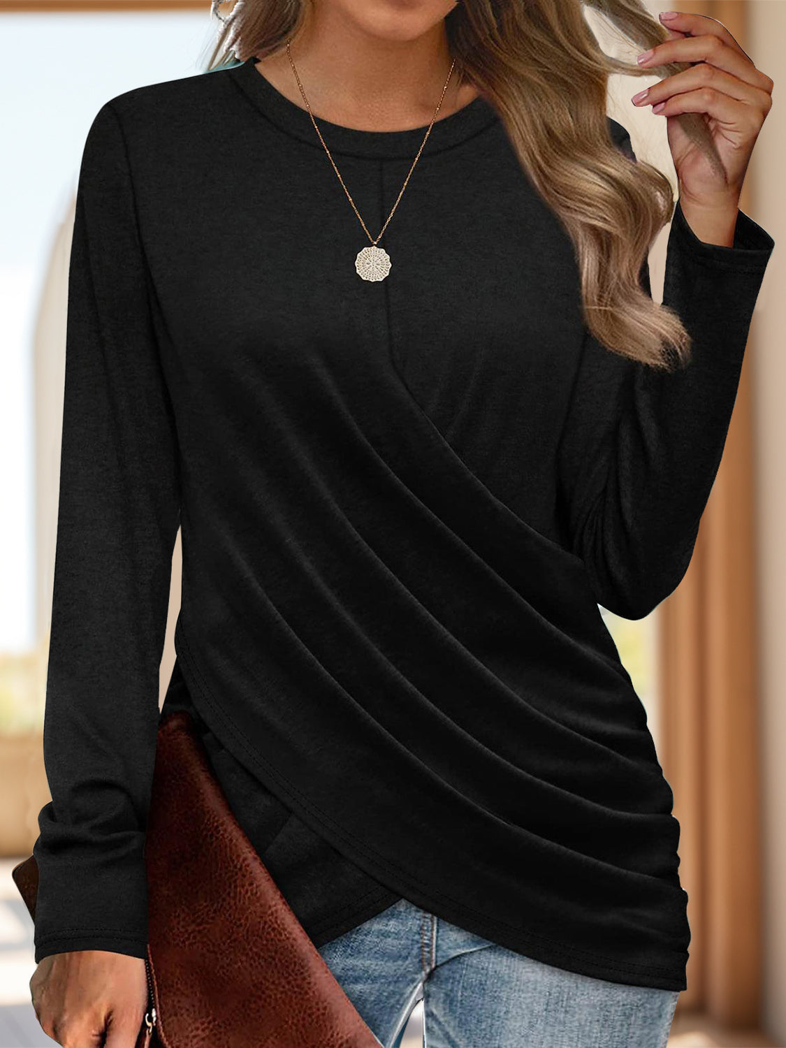Ruched Round Neck Long Sleeve T-Shirt - Ladyez
