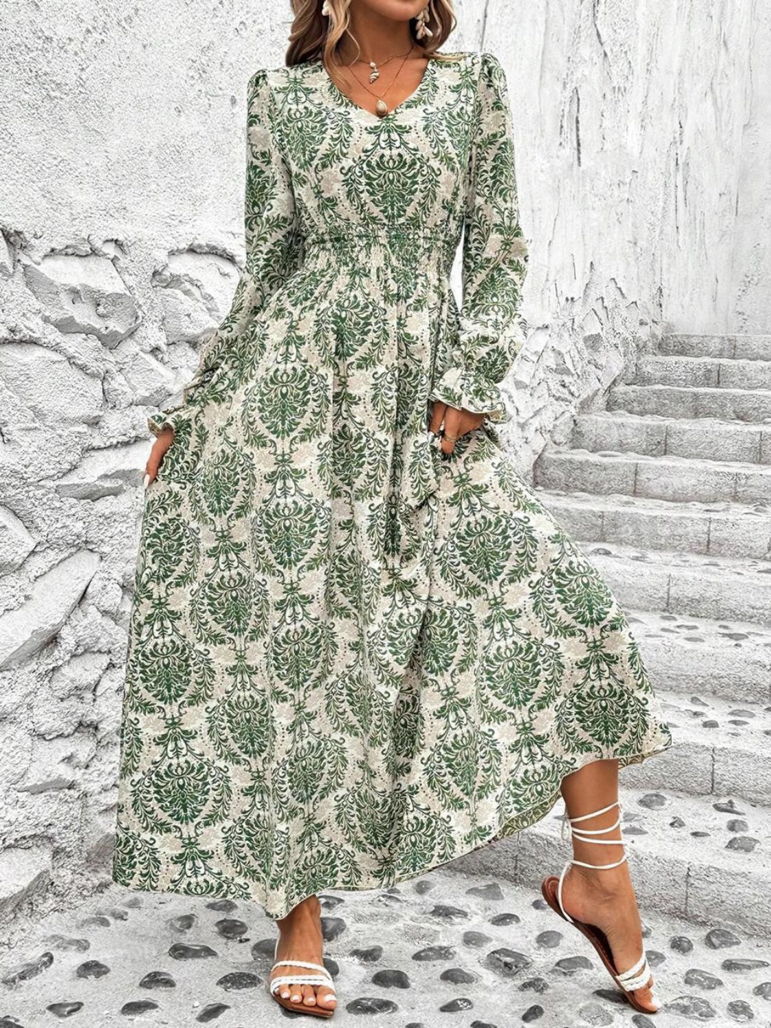 Smocked Printed V-Neck Flounce Sleeve Dress - Ladyez
