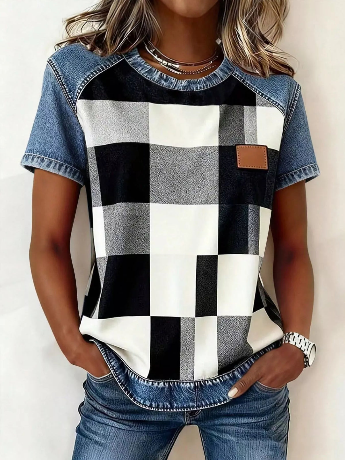 Denim Patchwork Short Sleeve Blouse