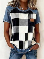 Denim Patchwork Short Sleeve Blouse